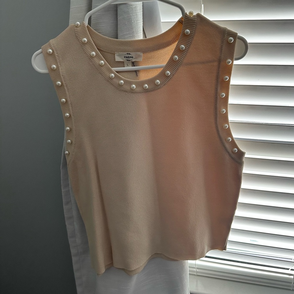Entro Pearl-Embellished Cream Tank Top